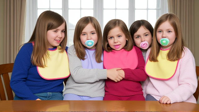 Quatre filles adolescentes aux cheveux lisses et dégagé et de différentes couleurs a l'avant assis a table avec des grands bavoirs multicolore et des tétines en bouches elles ont des pull de différentes couleurs que les Bavoirs et avec des pantalons elle se font un gros câlin et il y a une grande fenêtre derrière la table