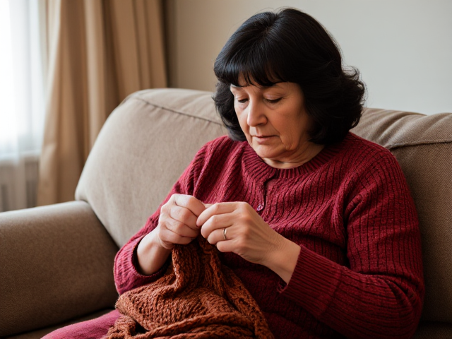 A dark haired old lady on a couch knitting