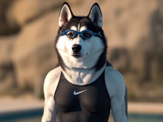 A tall Siberian Husky with a long torso and broad shoulders wearing a high cut Nike one piece swimsuit and swimming goggles