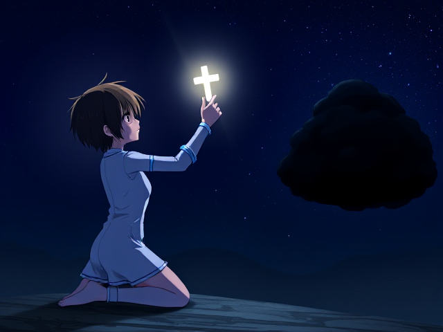 A kneeling anime character with blue rings and a radiant deep blue aura raising a glowing mini cross, illuminating it towards a dark black cloud on the right
