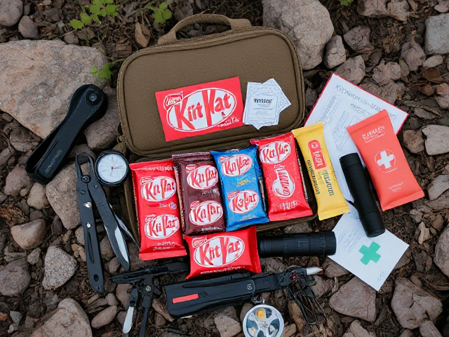 a detailed survival kit including a variety of Kit Kat flavors, arranged with essential survival tools like a compass, multi-tool, flashlight, and first aid supplies on a rugged outdoor background with natural elements such as rocks and foliage