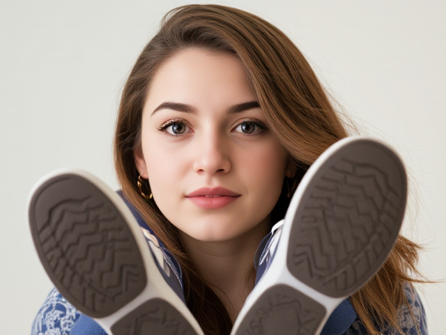 a thick-bodied preppy brown-haired college girl with a wide nose wearing shoes