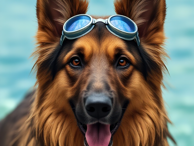 A long haired German shepherd wearing swimming goggles
