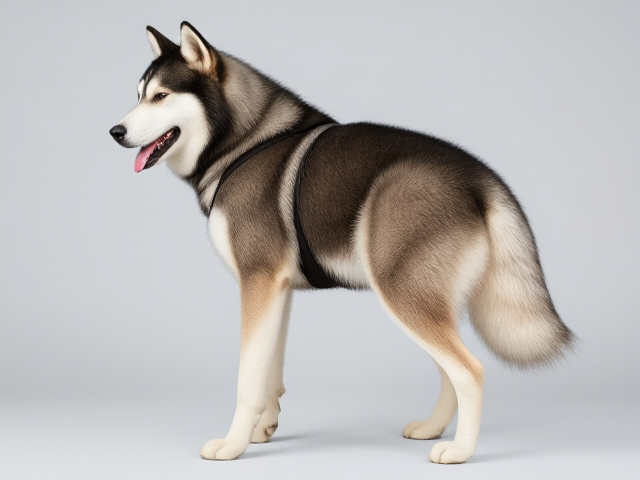 Anthropomorphic Alaskan malamute with strong hips, wearing a high-cut leotard, muscular build, dynamic pose, detailed fur texture