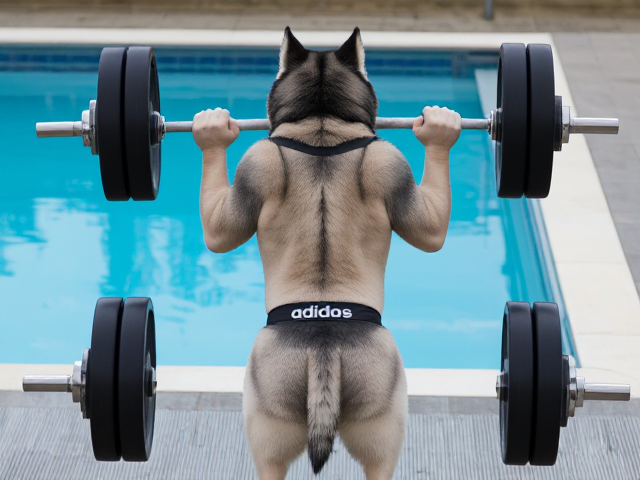 A anthropomorphic Siberian husky wearing an adidas swimsuit deadlifting a barbell on a pool deck