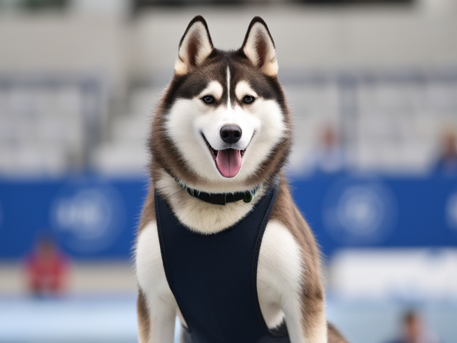 A anthropomorphic Siberian husky wearing a competition swimsuit