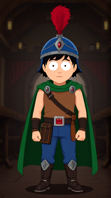 Dramatic Cartoon scene: Stan Marsh from South Park, light skin and black hair, but as a 14-Year Old teenager with a muscular torso, dressed as a medieval warrior, wearing a light brown tank top, a black belt with a silver square buckle adorned with a red castle emblem, blue jeans, steel armored boots, jeweled wrist cuffs, a really big, heel-length long, ultra-wide green cape held up by two silver buttons with red jewels with a strong unbreakable wire connecting them both, and a blue helmet with buffalo emblems on both sides, outlined by silver steel rims going around and across the top, with a really long red feather sticking out at the top. He is now known as Sir Marsh. Despite still being a teenage kid, he is the Youngest Commander of the Zaronian Army, and one of the youngest and greatest heroes hailing from South Park, Colorado, but now reborn as the real life Kingdom of Kupa Keep, Zaron. The young teenage hero is currently standing in a dark, abandoned tavern, intently awaiting the arrival of someone he knows.