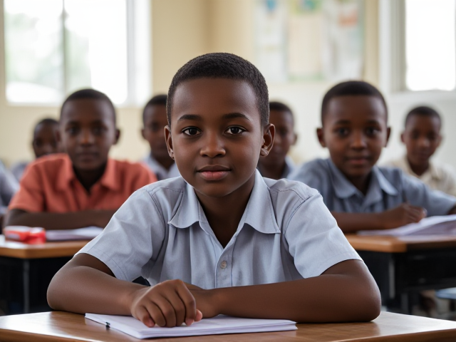 Des élèves africains  âgés de huit ans assis dans une salle de classe lumineuse, concentrés sur un devoir, avec des bureaux et du matériel scolaire visible autour d'eux, lumière naturelle entrant par les fenêtres