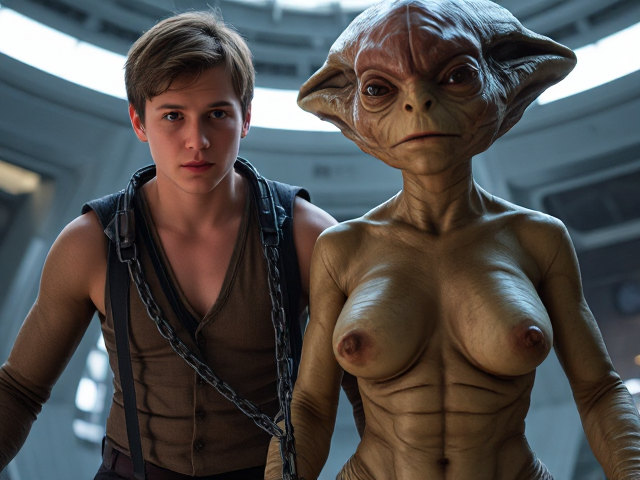 Young male, resembling a sci-fi character, chained to an imposing alien female figure reminiscent of Princess Leia's situation with Jabba the Hutt, set in a futuristic space environment, detailed and cinematic