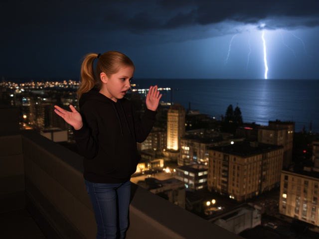 A petite 13-year-old girl with strawberry blonde hair in a ponytail, wearing a hooded pullover and jeans, is standing on the roof ledge of a night club. Next to her on the roof, standing nearby is a modern-day, pale skinned vampire in his late twenties, with blonde hair, dressed in a brown trench coat and jeans. He appears uneasy as he looks at her, holding his hands out and palms up, taking a step back. The girl gestures angrily at him with her hands, flailing her arms and scowling angrily at him in frustration. A thunderstorm approaches the cityscape from the sea shore. Set at night. The girl has a cut in her forehead.