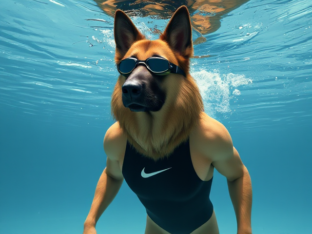 A tall anthropomorphic long haired German shepherd with a long torso and broad shoulders wearing a Nike one piece swimsuit and swimming goggles while submerged underwater
