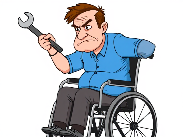 Draw a cartoon of a grumpy old man in a wheelchair. He is throwing a spanner. He has brown hair and a blue shirt.
