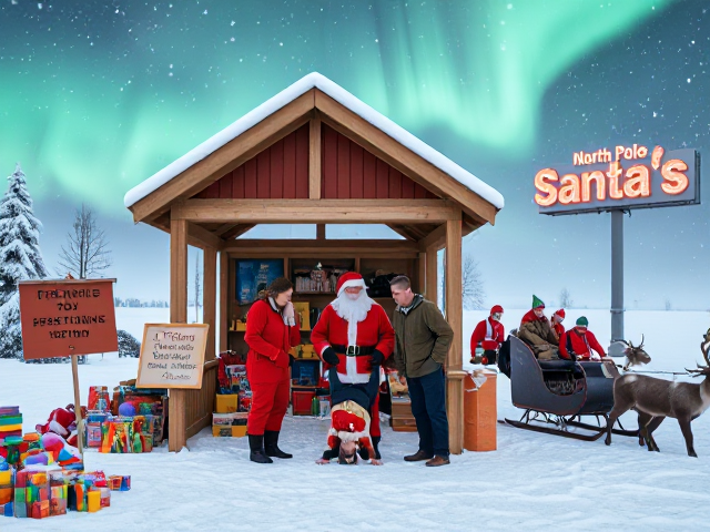 his concept portrays the family and Santa as part of the final stage of preparing gifts for Christmas Eve. Outside Santa's workshop, there’s a "Toy Testing Station" set up under a small, snow-dusted pavilion. The pavilion is surrounded by half-built toys, colorful blocks, and various fun gadgets waiting for Santa’s approval.

The family stands in the center, with the parents humorously testing their “human toy” (their upside-down child), while Santa, in his red suit, watches and laughs. A signboard nearby reads "Santa's Toy Approval Station," adding a storytelling element. Behind them, elves are busy operating a conveyor belt carrying presents into Santa's sleigh, parked in the background, with reindeer grazing nearby.

To the right, a large, glowing "North Pole" sign is visible, with fairy lights and snowflakes swirling around it, making the location unmistakable. The snowy sky features the aurora borealis with twinkling stars, enhancing the magic of the moment.