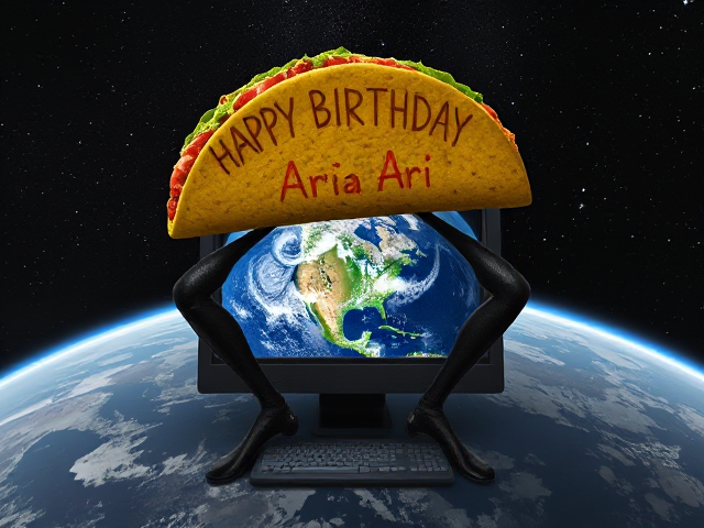 A taco with human legs squats over earth.   A computer screen says "Happy Birthday Ari"