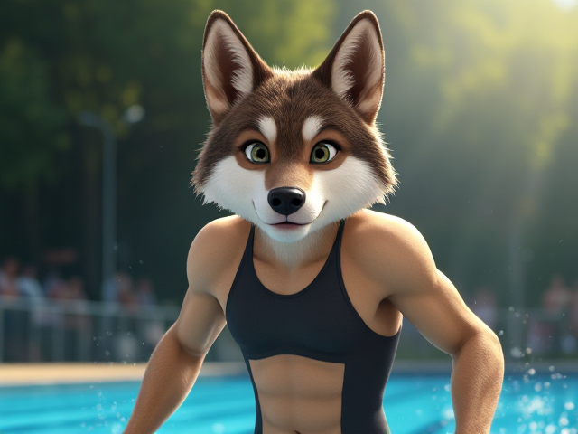 A wolf Olympic swimmer with a long torso, short legs, long arms and broad shoulders, wearing a speedo one piece swimsuit