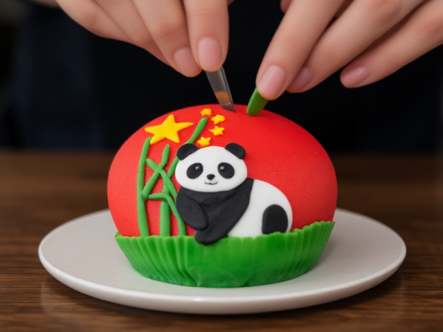 Make a small round red cake that has green bamboo, one panda and the China flag