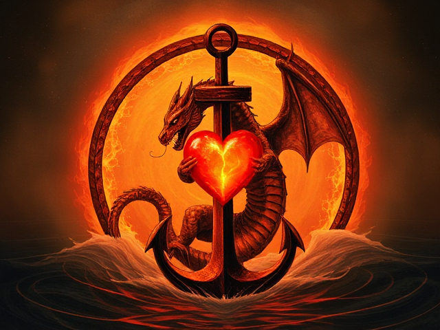 The life of dragon in a circle tugging anchor with a blazing heart