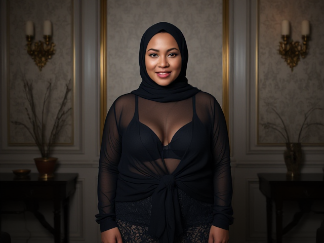a photorealistic image of a curvy mature aunty standing in a sophisticated, dimly lit room with elegant, textured walls and ornaments. The model is placed, framing her face as she looks directly at the viewer with a warm, engaging expression. She’s wearing a hijab, black sheer long-sleeve top, knotted at the waist, revealing a black bralette underneath, which adds a stylish, edgy touch. She pairs the top with a high-waisted lace skirt, giving a chic, balanced look. The lighting highlights her natural beauty and accentuates the textures in her outfit, creating an intimate and inviting atmosphere.