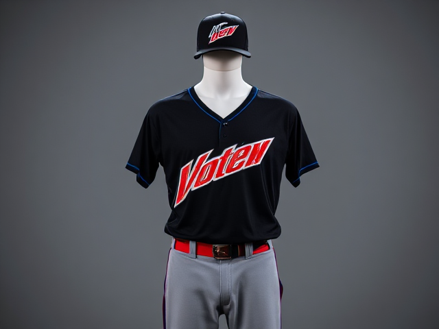 Create images of a black baseball hat with mountain dew voltage logo with a black v neck athletic shirt with  Voltage written across the front in red and blue grey baseball pants with blue and black piping with black socks and blue cleats on a mannequin