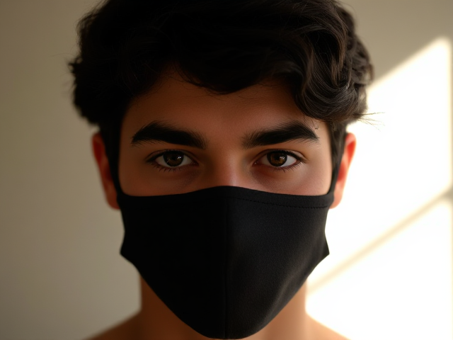 Tan, violet siren eyes, male, Arab, mask, black hair