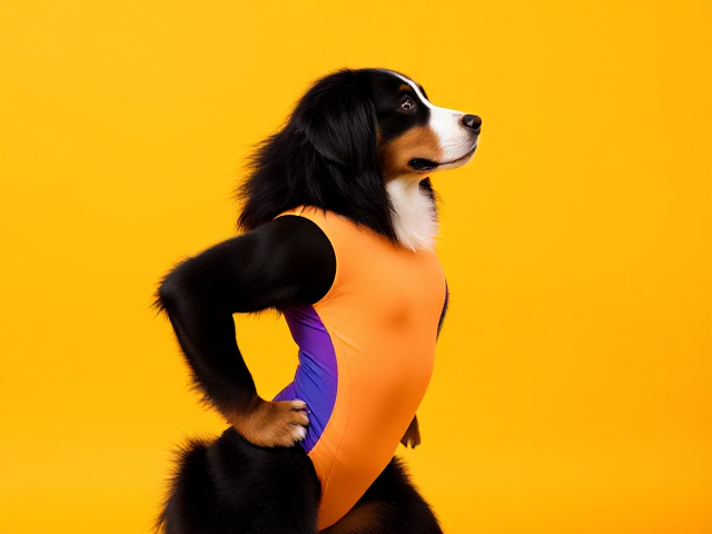 Bernese mountain dog with strong hips, wearing a colorful gymnastics leotard, in an athletic pose, vibrant background