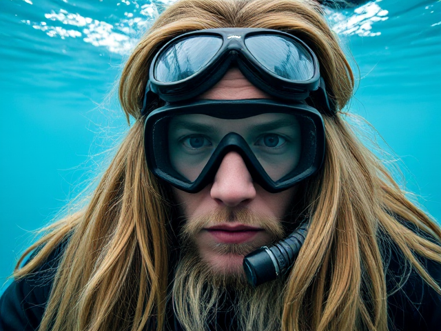 A anthropomorphic long haired German wearing Freediving goggles, blue in the face from holding breath too long