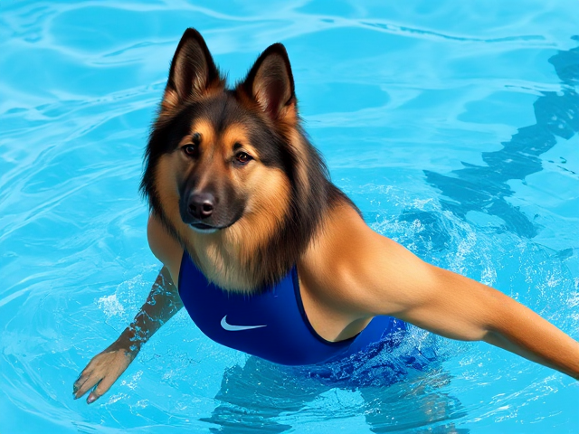 A anthropomorphic long haired German shepherd Olympic swimmer with a long torso wearing a blue Nike one piece swimsuit