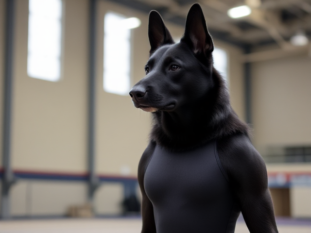 A anthropomorphic black German shepherd with blonde hair wearing a gymnastics leotard in a gymnasium