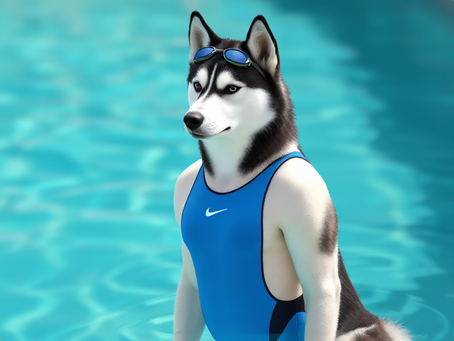 A tall Siberian Husky with a long torso and broad shoulders wearing a high cut Nike one piece swimsuit and swimming goggles