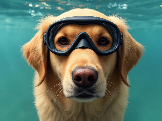 A golden retriever wearing Freediving goggles