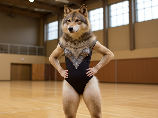 Wolf with large hips wearing a gymnastics leotard in a gymnasium, focused and graceful pose, detailed fur texture, vibrant colors