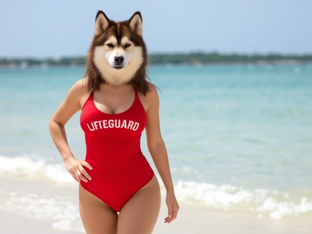Tall Anthropomorphic female Alaskan malamute red lifeguard swimsuit