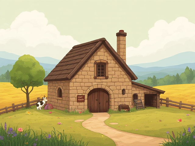 Une jolie ferme en pierre avec une grange, un puit, dans la campagne, isolée, au milieu des prairies et des forêts