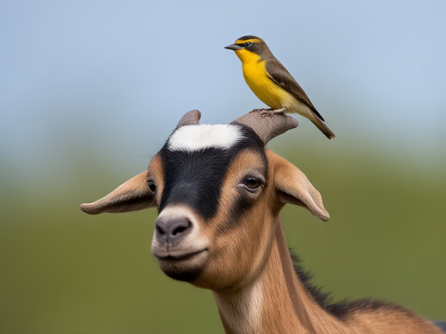 Create an image of a pygmy goat without horns with a honeyeater bird sitting on its head