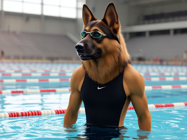 A tall anthropomorphic long haired German shepherd with a long torso and broad shoulders, wearing a high cut Nike one piece swimsuit and swimming goggles, in a Olympic swimming pool