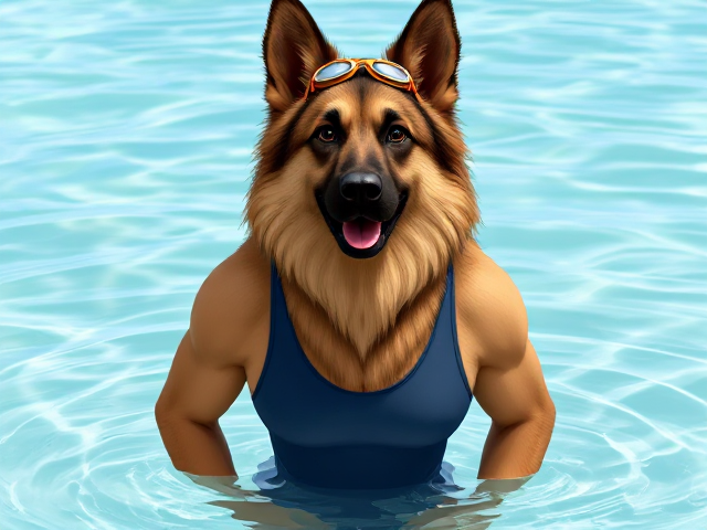 A anthropomorphic long-haired German shepherd with a long torso and broad shoulders wearing a one-piece swimsuit and swimming goggles