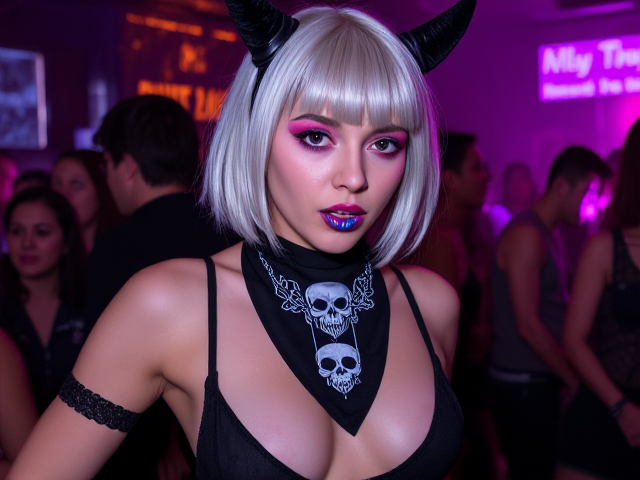 Young nymph Goth Baddie in neon rave outfit, dark club, neon makeup, neon short silver hair, skull bandana on mouth, hyperrealistic, 4K, dancing lustful, rave in background