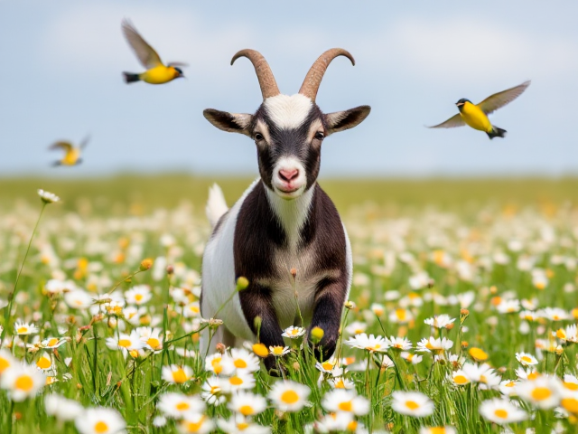 Create an image of a pygmy goat playing in a field of daisies with honeyeater birds flying around
