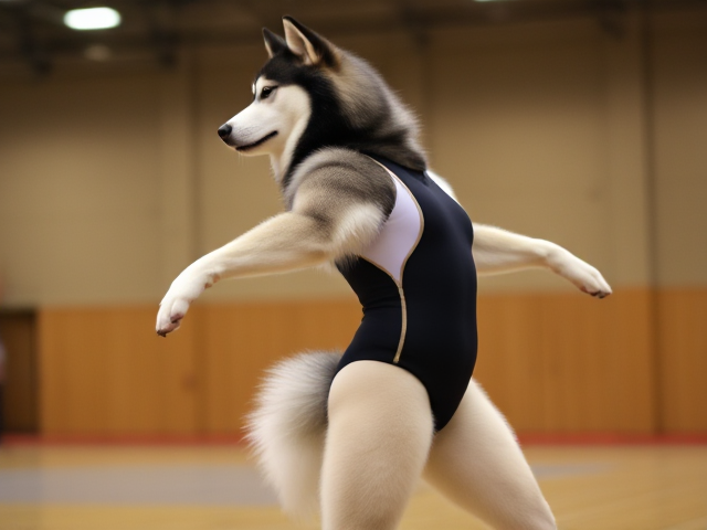 Anthropomorphic Alaskan malamute with strong hips, wearing a gymnastics leotard, performing in a gymnasium, detailed and dynamic pose