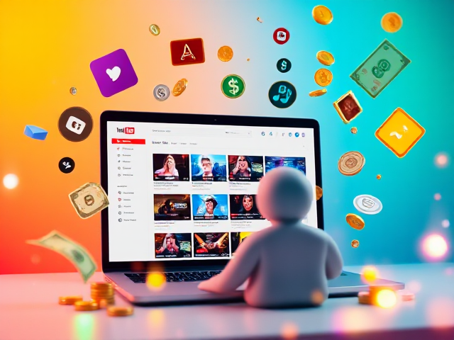 Create a vibrant, eye-catching thumbnail focused on YouTube content creation and financial success. The scene should feature a laptop screen displaying a YouTube dashboard with colorful video thumbnails, some showing signs of high engagement (like many views and likes). Surround the laptop with floating icons representing content creation tools like Canva, ChatGPT, and a camera symbol. Add blurry, glowing dollar bills and coins flowing around the scene, as if they are floating or being pulled towards the laptop, to symbolize financial rewards. Include a faceless figure in front of the laptop, actively working on content. Use dynamic elements like bright accents, colorful swirls, and a mix of glowing icons to convey productivity, creativity, and financial growth. The colors should be bold and contrasting, capturing attention while conveying excitement and success.