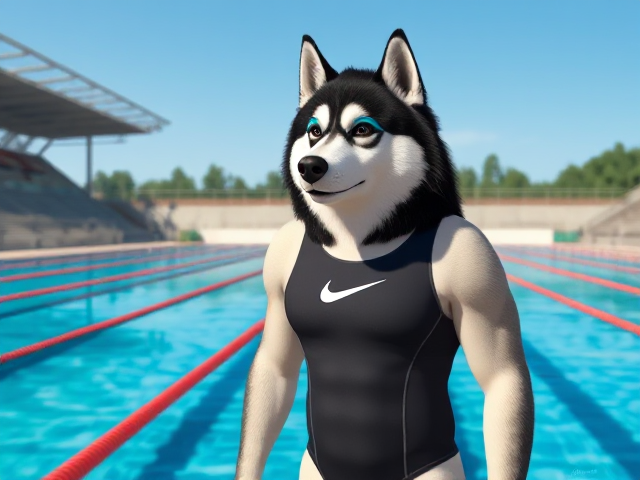 A anthropomorphic Alaskan malamute wearing a Nike one piece swimsuit and swimming goggles while standing next to a Olympic sized swimming pool