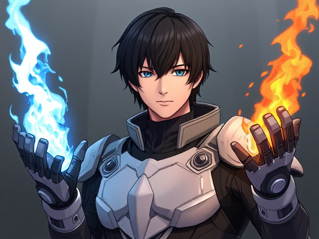 Young adult male with medium to long black hair with futuristic armor and futuristic gauntlet that’s on the left shoots ice and the right shoots fire, anime
