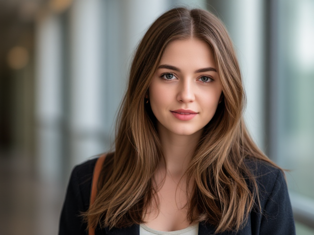 A lithe casually-dressed brown-haired college girl with a sharp-featured face