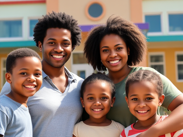 Parents afro-américains souriants avec leurs enfants devant une école moderne et colorée, journée ensoleillée, ambiance joyeuse et familiale
