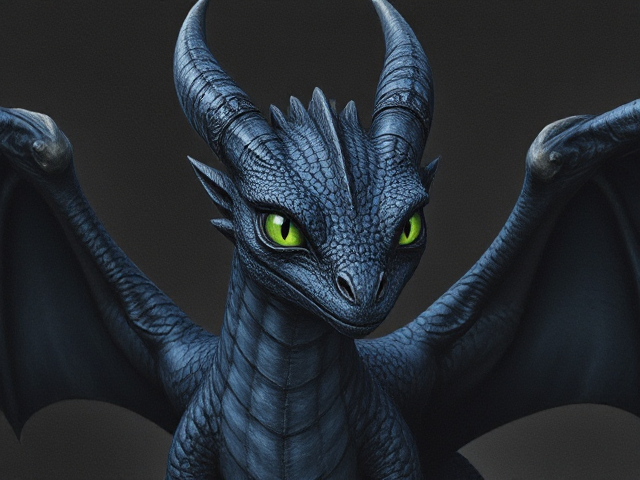 young female dragon that had midnight blue scales and dark obsidian-black wings. she had eyes that were green like poison ivy. she had small ears similar to a horse and small icicle-shaped horns that aligned her back jaw. she had a narrow, long yet beautiful face, long, twisted horns, and was a great friend despite her sense of attempted maturity and seriousness. Her huge wingspan was as wider than herself, and she had a very long neck. she was cold-eyed and powerfully built, with scales that blend into the night. she moved maturely and purposefully