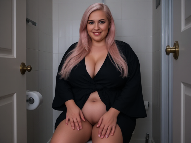 tall obese woman 30 years old very long light pink hair blue eyes  wearing a black robe sitting on the toilet with her belly showing smiling in a small bathroom on the top floor of a house with a bedroom in the background past the door