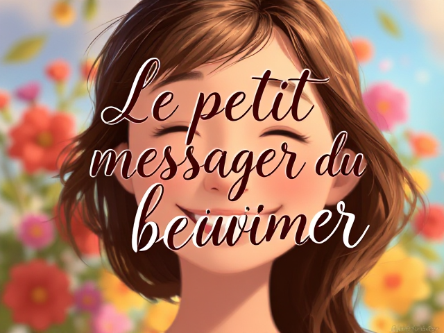 Texte élégant avec la phrase "Le petit messager du bonheur", style calligraphique, fond joyeux et coloré