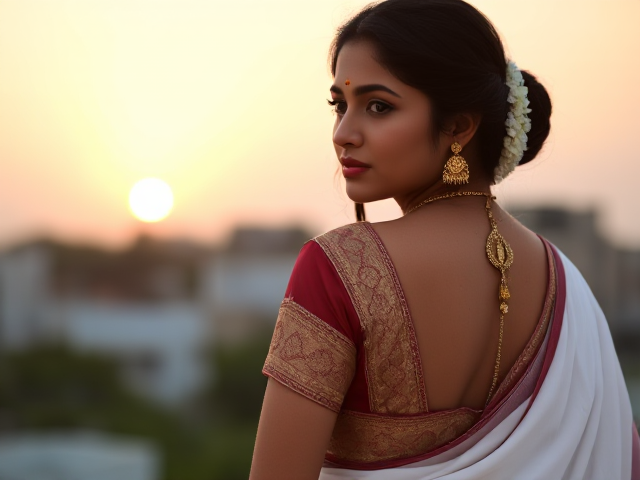 Indian young woman dressed in a white saree and gold traditional jewelry with her back turned. Modernized