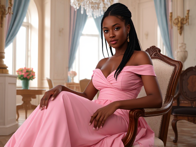 jeune femme noire de 19 ans avec des tresses, portant une élégante robe rose, assise gracieusement sur une chaise dans un environnement lumineux et détaillé