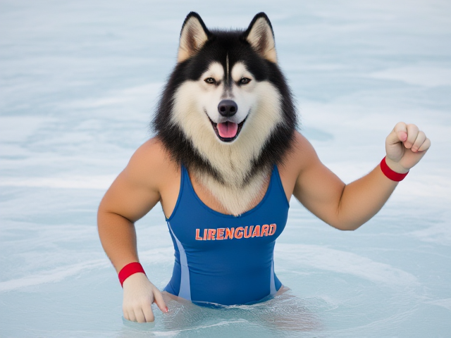 Anthropomorphic Alaskan malamute lifeguard one piece swimsuit ice bath